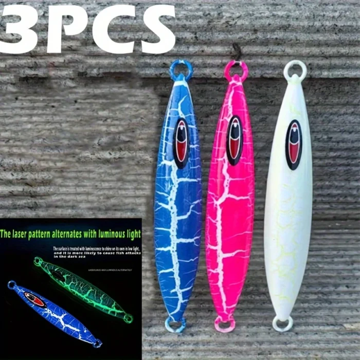 3PCS 200g Luminous Slow Pitch Jigging Lures Set - Deep Sea Fishing Glow Jigs, Night Laser Pattern, Heavy , Assorted Colours